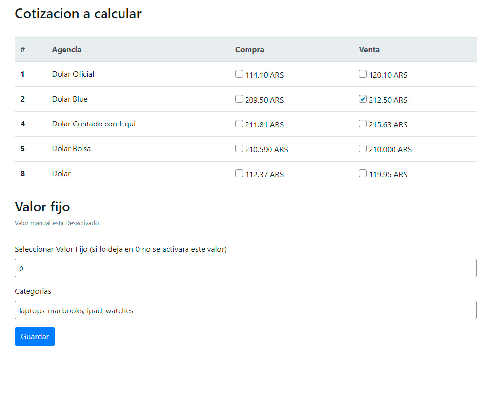 Pantalla de configuración Plugin Dólar Blue